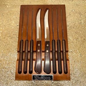 Vintage WESTMINSTER 8 Pc Steak Knives Wood Handle Serrated Stainless & Wood Tray